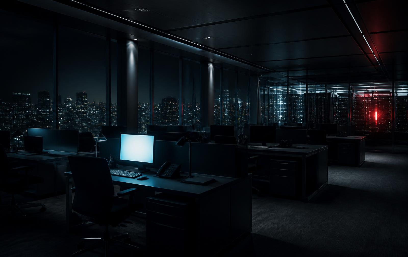 Empty modern office overlooking city lights after hours